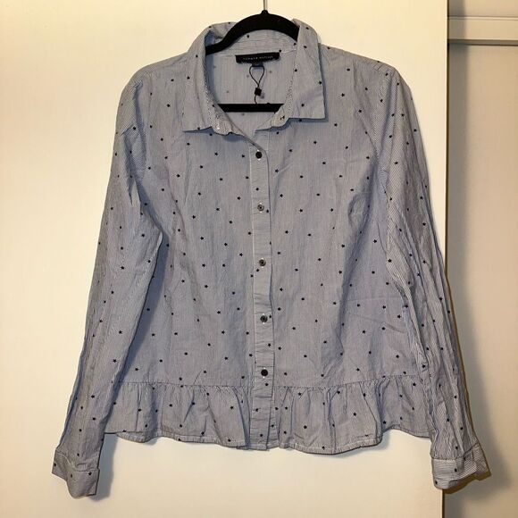 Tommy Hilfiger Large Blue White Stripe Star Pattern Ruffle LS Button Blouse NWOT - Picture 1 of 10